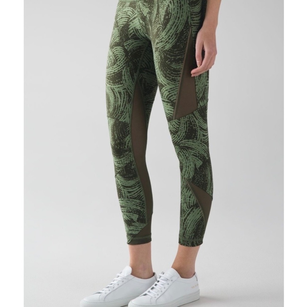 Lululemon Women's Highest Times ‎ Mesh Desert Olive Green HR Leggings Size 8